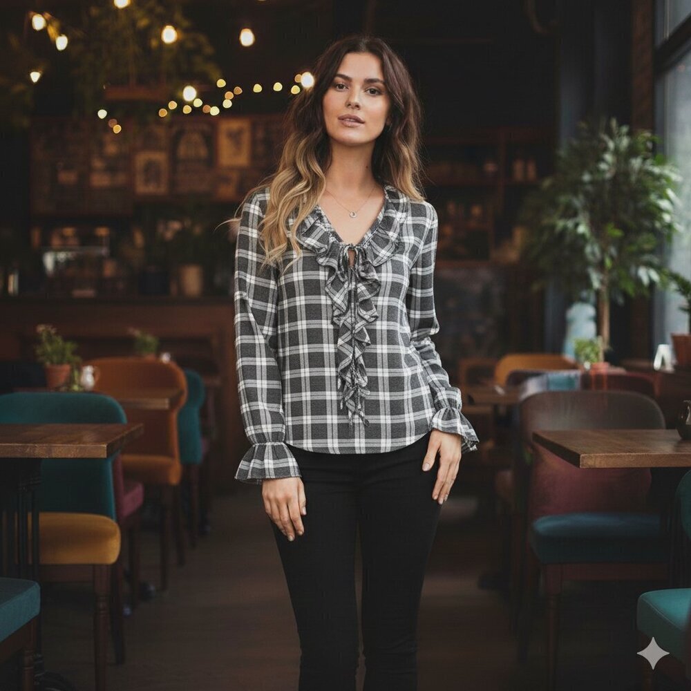 Paige Amalfi houndstooth black and white pattern plaid checkered longsleeve top